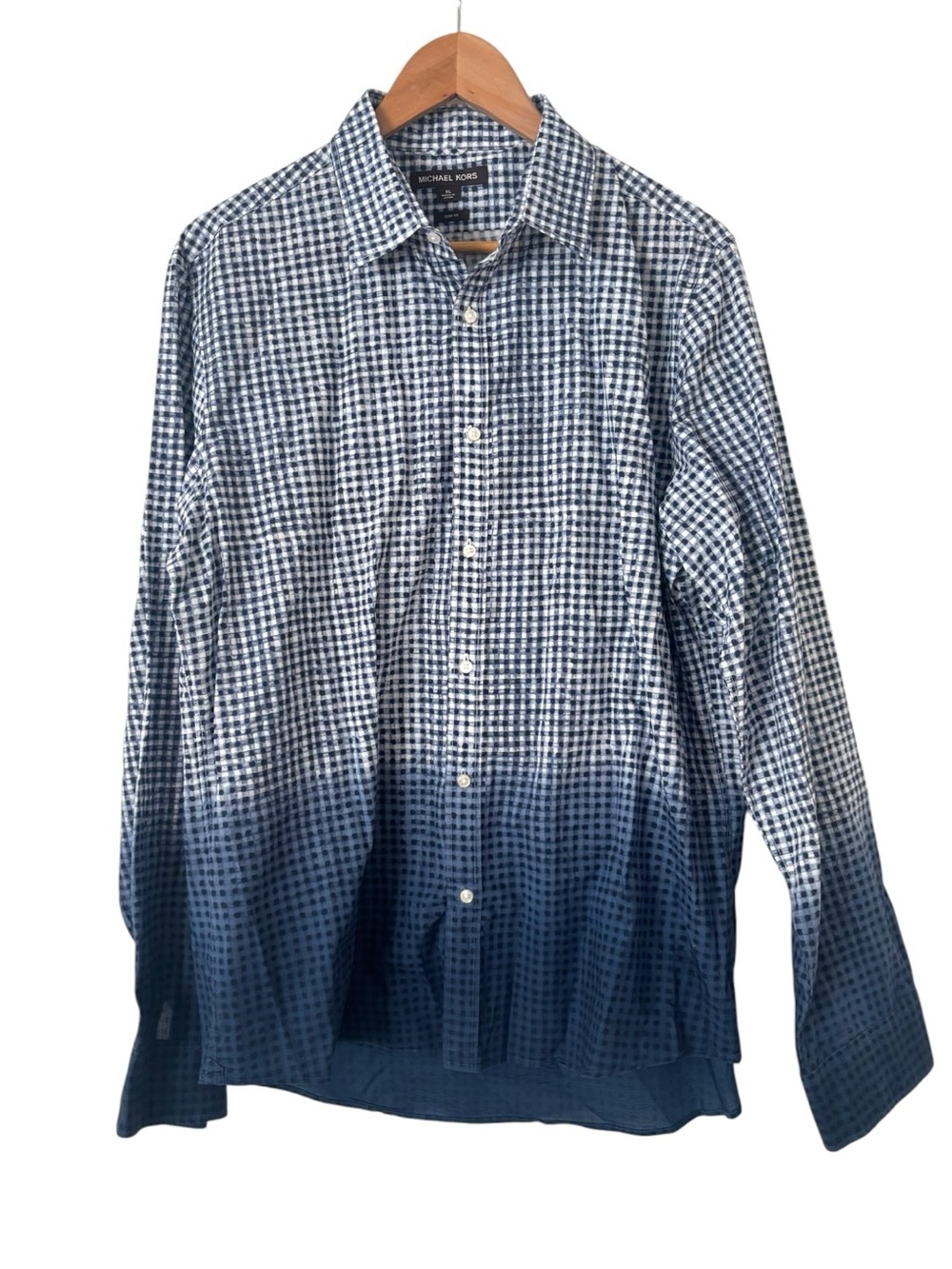 Michael Kors Slim Fit Dip-Dyed Gingham Linen Shirt - Picture 2 of 4